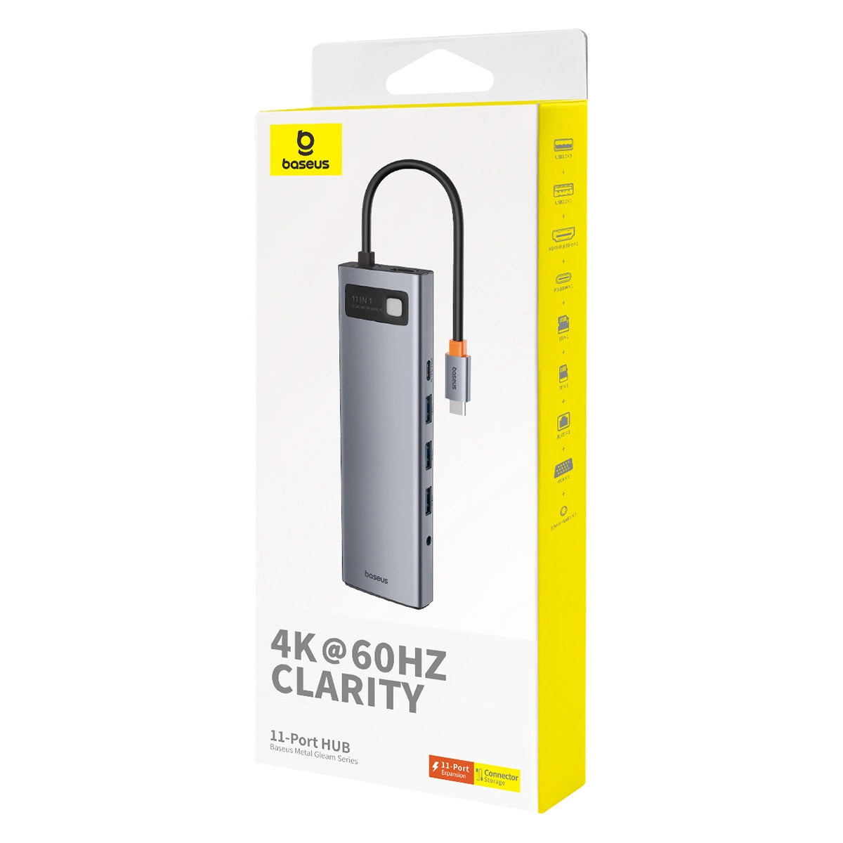 Hub USB-C Baseus Metal Gleam, 3 x USB-A 3.0 - 1 x USB-A - 1 x USB-C - 1 x HDMI - 1 x VGA - 1 x Jack 3.5mm - 1 x RJ45 - 1 x SD - 1 x microSD, Gris
