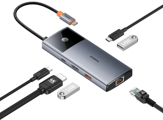 Hub USB-C Baseus Metal Gleam II, 2 x USB-A - 2 x USB-C - 1 x HDMI - 1 x RJ45, Grigio B00061802813-00