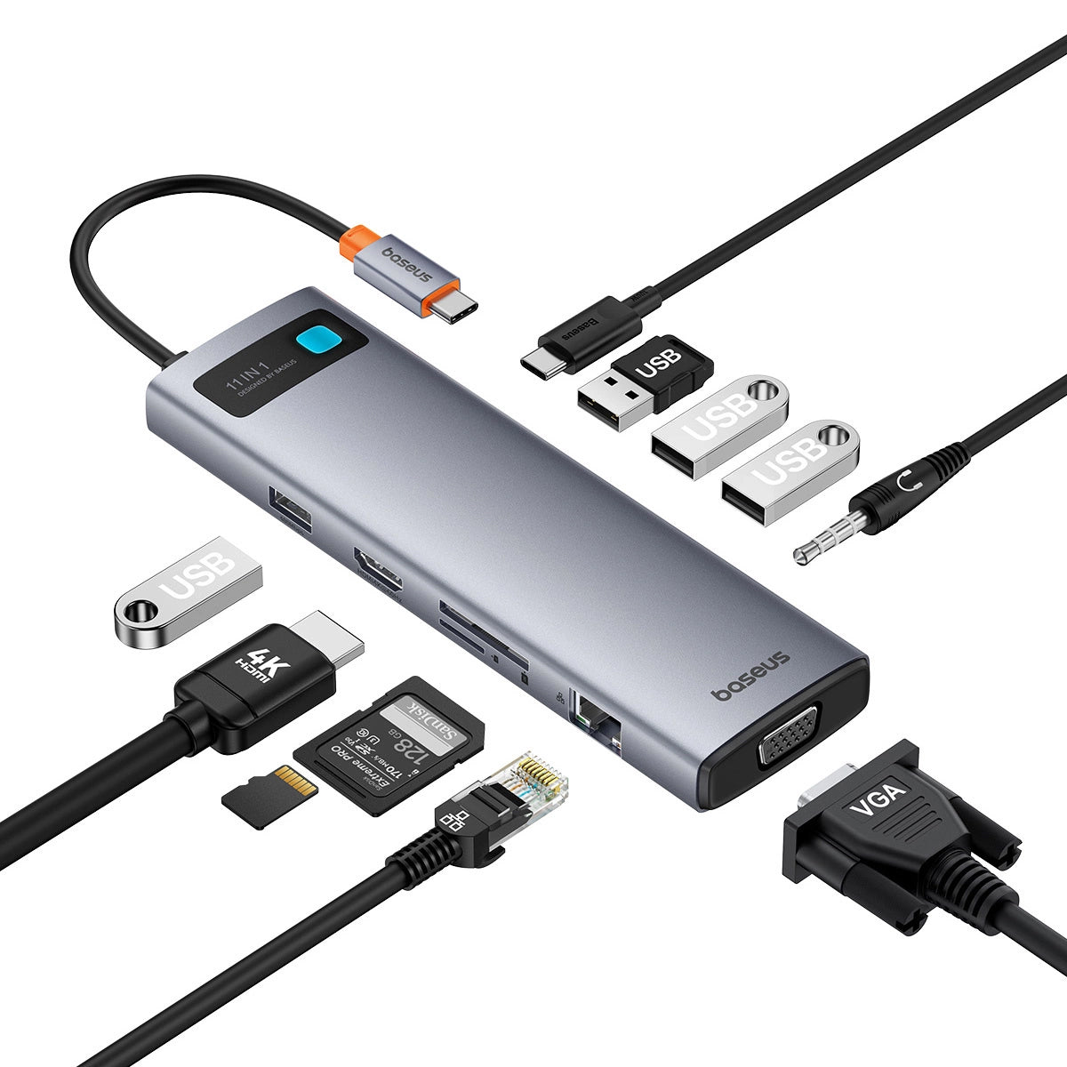 Hub USB-C Baseus Metal Gleam, 3 x USB-A 3.0 - 1 x USB-A - 1 x USB-C - 1 x HDMI - 1 x VGA - 1 x Jack 3.5mm - 1 x RJ45 - 1 x SD - 1 x microSD, Gris