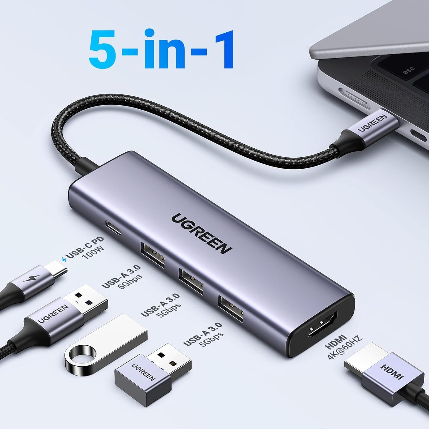 Hub USB-C UGREEN CM511, 3 x USB-A 3.0 - 1 x USB-C - 1 x HDMI, Grau