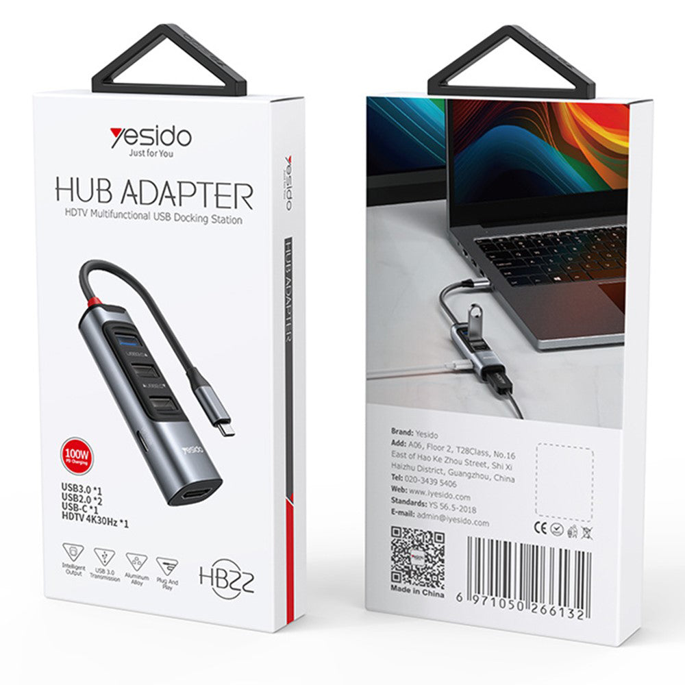 Hub USB-C Yesido HB22, 5in1, Grigio