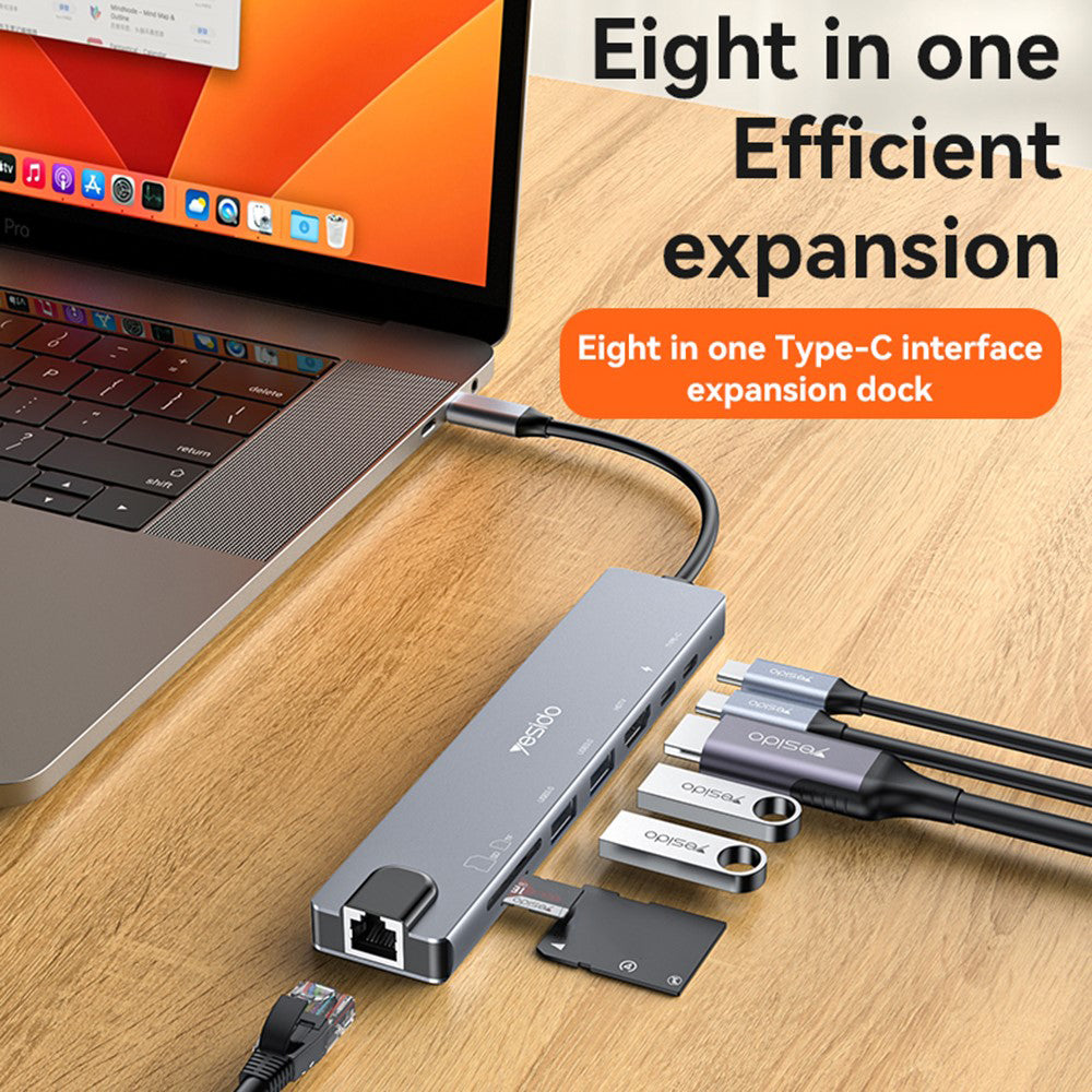 Hub USB-C Yesido HB27, 8in1, Grigio
