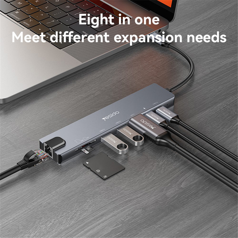 Hub USB-C Yesido HB27, 8in1, Grigio