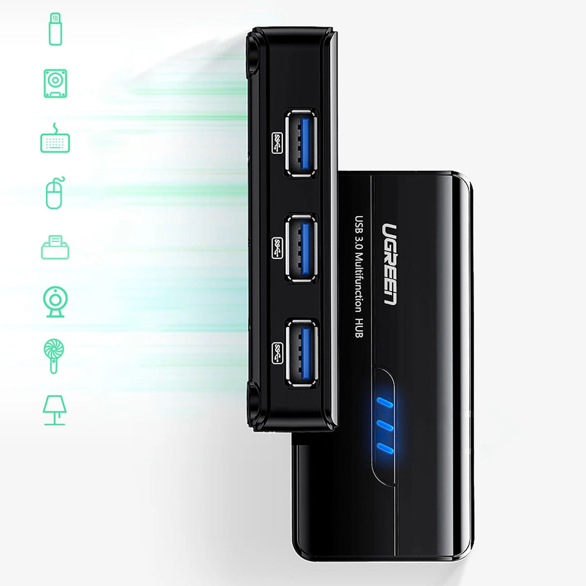 USB-Hub UGREEN 20265, 3 x USB-A 3.0 - 1 x RJ45, Schwarz