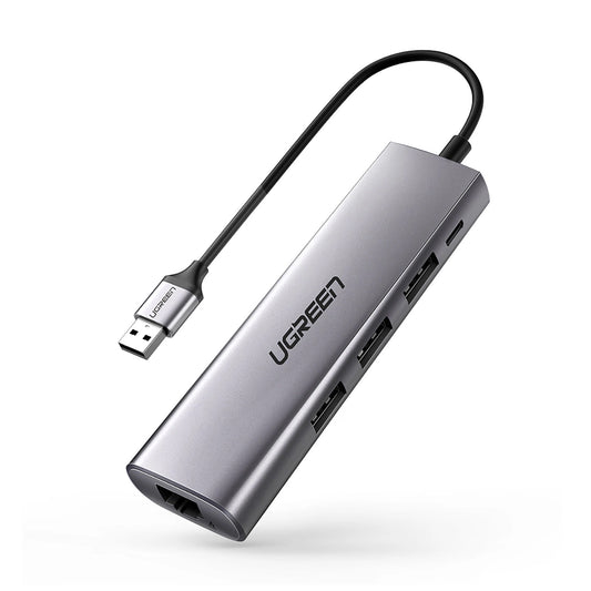 Hub USB UGREEN CM266, 3 x USB-A 3.0 - 1 x RJ45, grigio