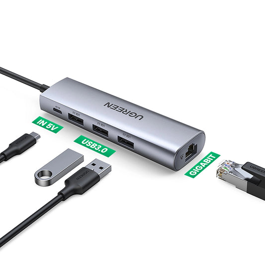 Hub USB UGREEN CM266, 3 x USB-A 3.0 - 1 x RJ45, grigio