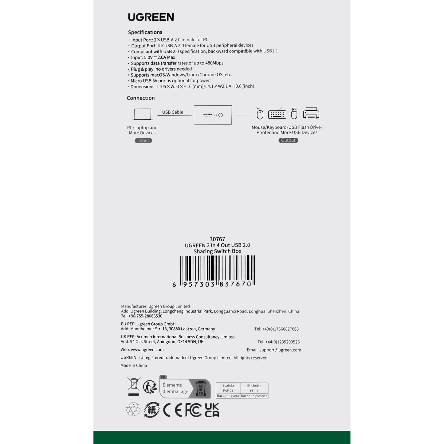 USB Hub UGREEN US216 Two Sharing Switch Box, 4 x USB-A, Black