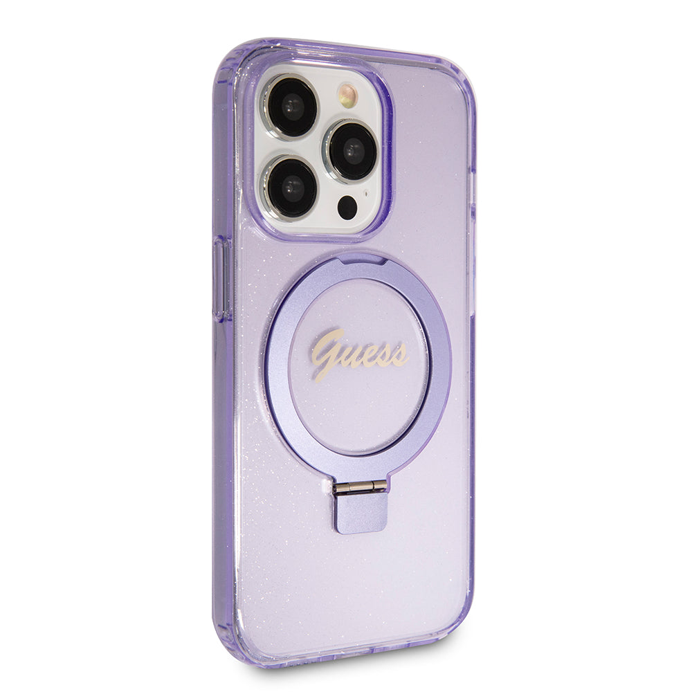 Custodia MagSafe per Apple iPhone 15 Pro Max, Guess, IML Ring Stand Glitter, Viola GUHMP15XHRSGSU