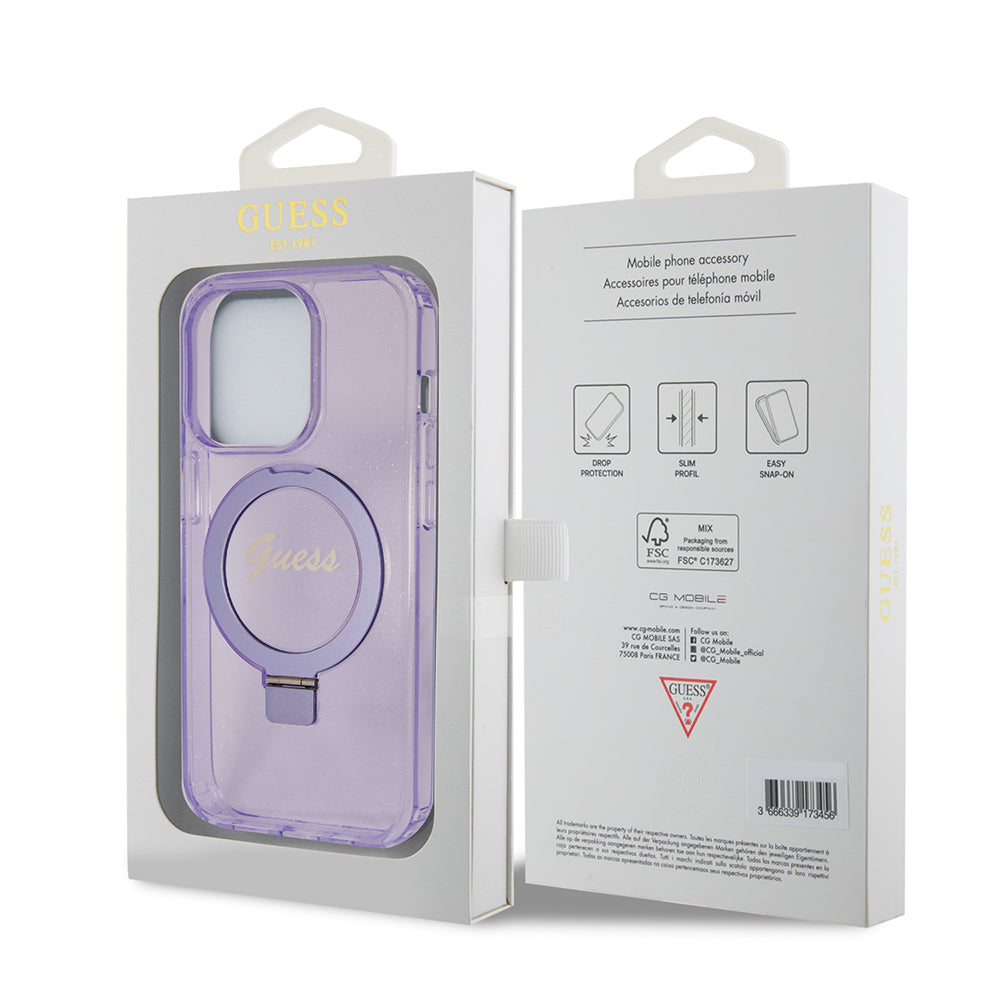 Custodia MagSafe per Apple iPhone 15 Pro Max, Guess, IML Ring Stand Glitter, Viola GUHMP15XHRSGSU