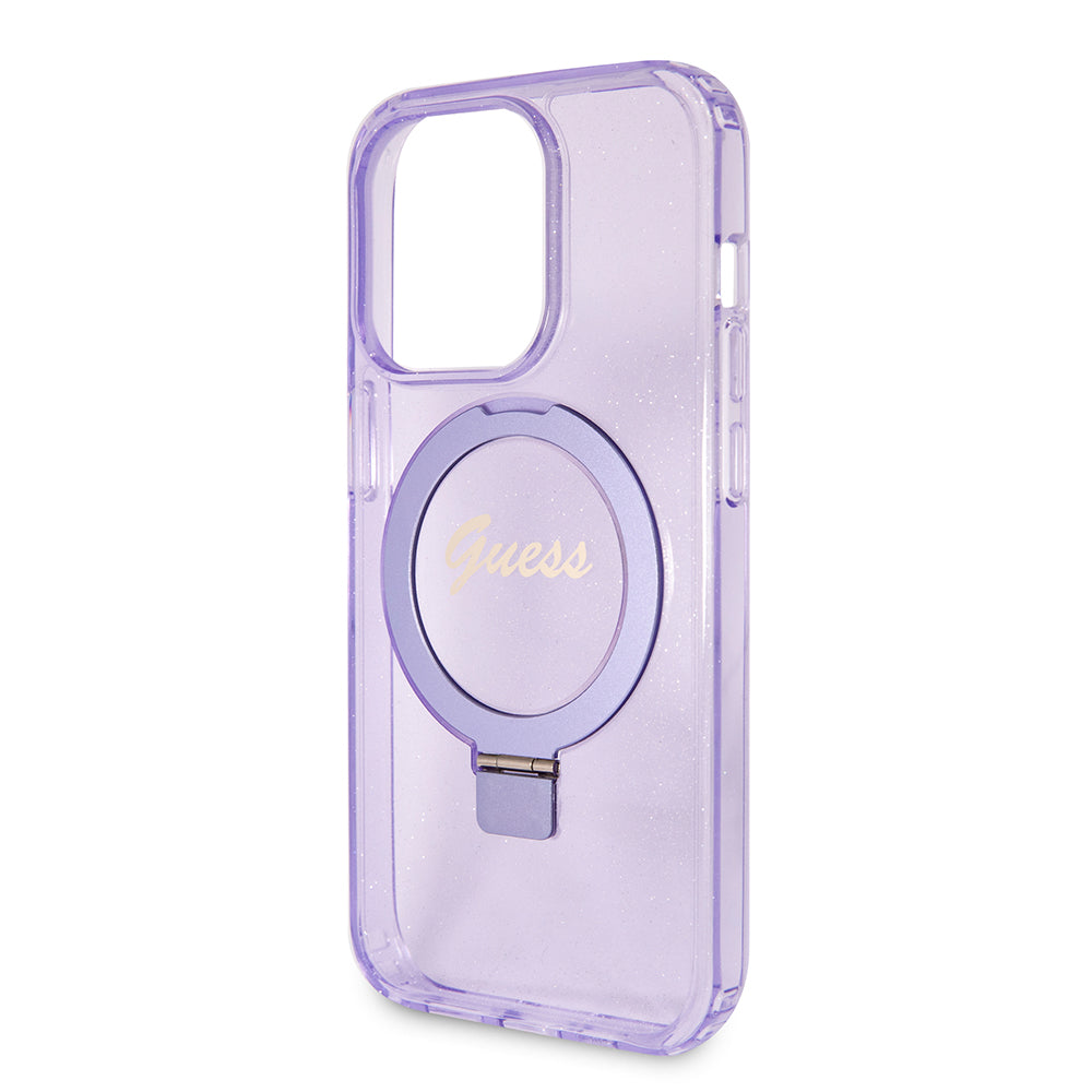 Custodia MagSafe per Apple iPhone 15 Pro Max, Guess, IML Ring Stand Glitter, Viola GUHMP15XHRSGSU