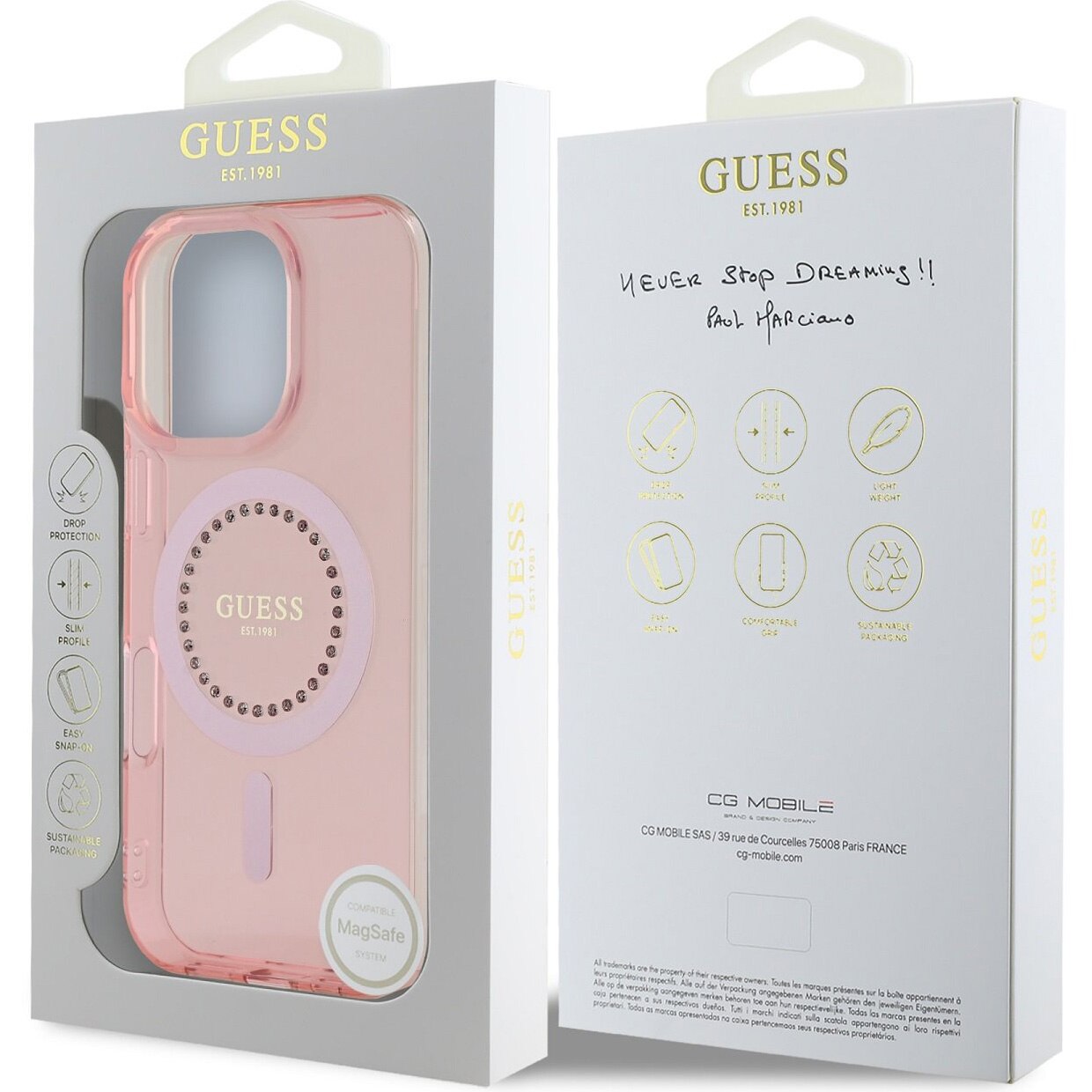 Custodia MagSafe per Apple iPhone 16 Pro Max, Guess, IML Rhinestones Ring, Rosa GUHMP16XPFTDTEP