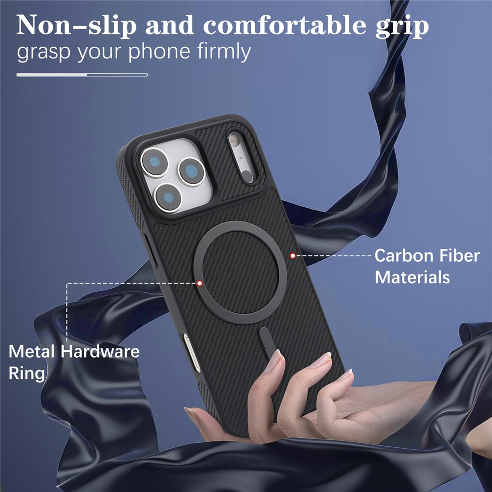 Coque MagSafe pour Apple iPhone 17 Pro Max, OEM, Anneau Métallique en Carbone, Noire