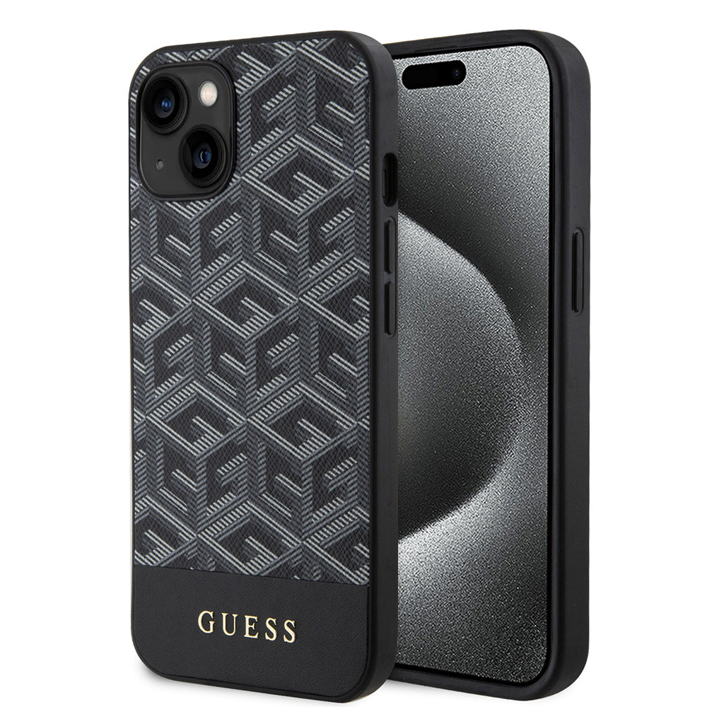 MagSafe Hülle für Apple iPhone 15, Guess, GCube Stripes, Schwarz