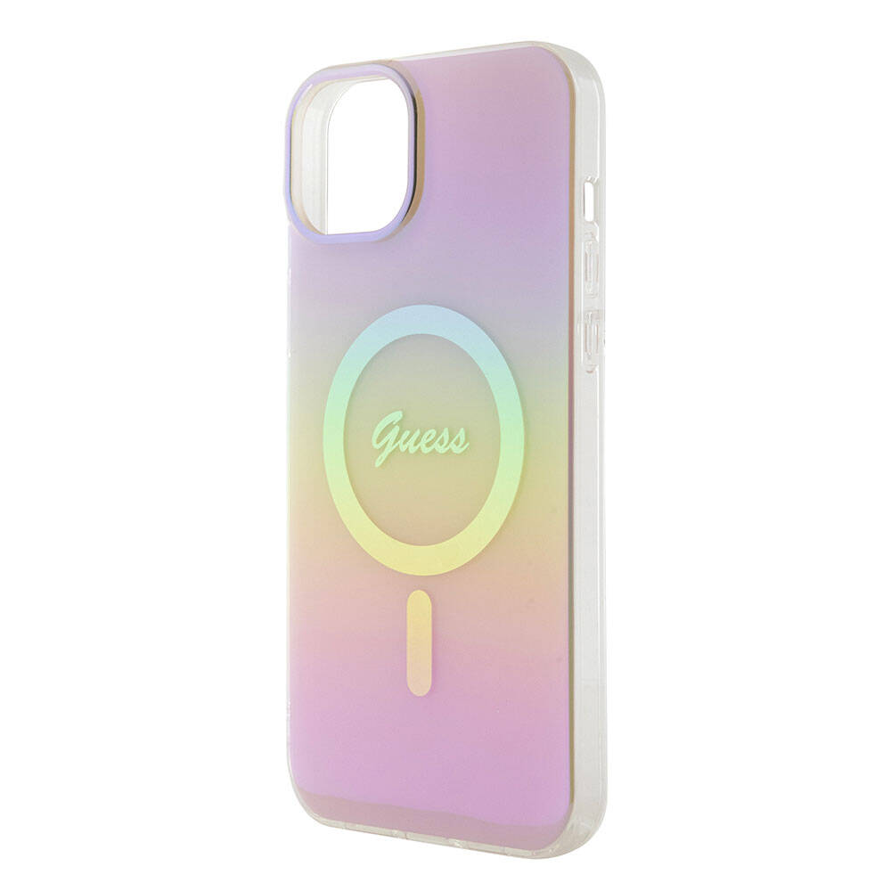 Custodia MagSafe per Apple iPhone 15, Guess, IML Iridescent Script, Rosa GUHMP15SHITSP