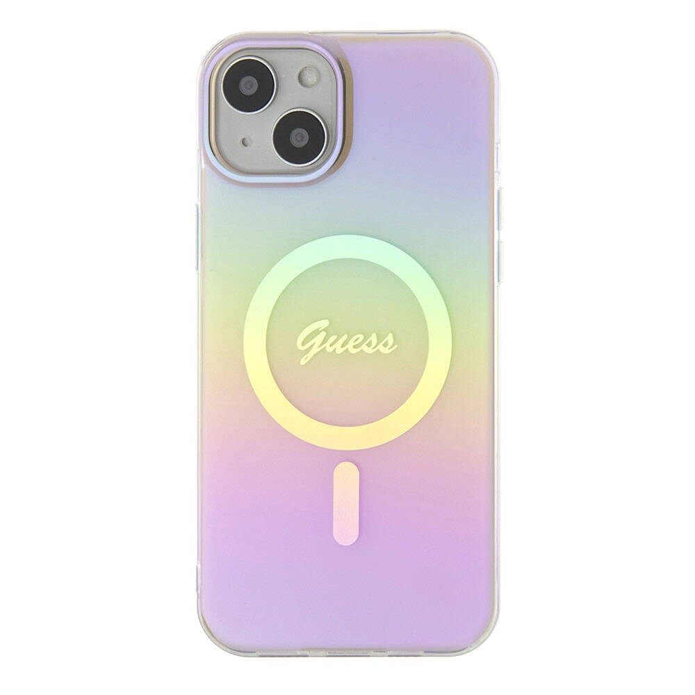 Custodia MagSafe per Apple iPhone 15, Guess, IML Iridescent Script, Rosa GUHMP15SHITSP