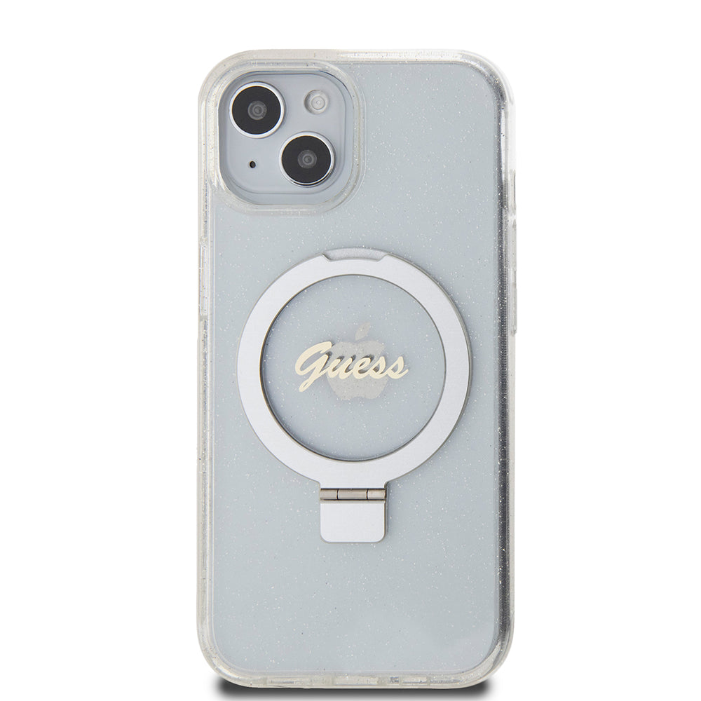 MagSafe Hülle für Apple iPhone 15, Guess, Ring Stand Script Glitter, Transparent