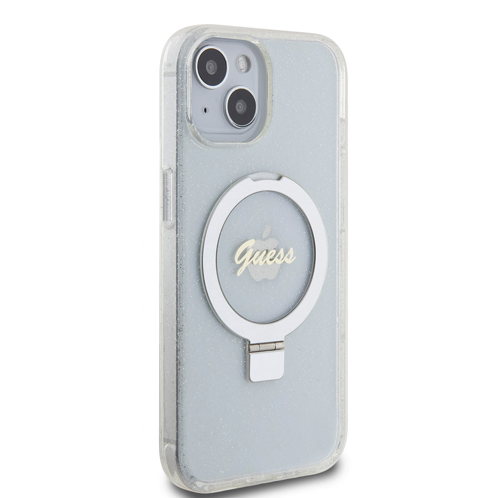 MagSafe Hülle für Apple iPhone 15, Guess, Ring Stand Script Glitter, Transparent