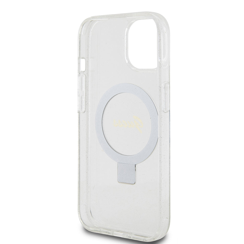MagSafe Hülle für Apple iPhone 15, Guess, Ring Stand Script Glitter, Transparent