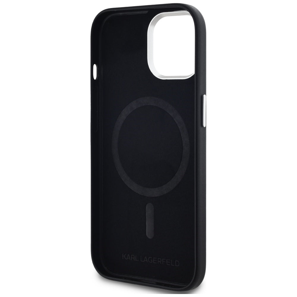 Coque MagSafe pour Apple iPhone 15, Karl Lagerfeld, Plaque Métallique FW, Noire