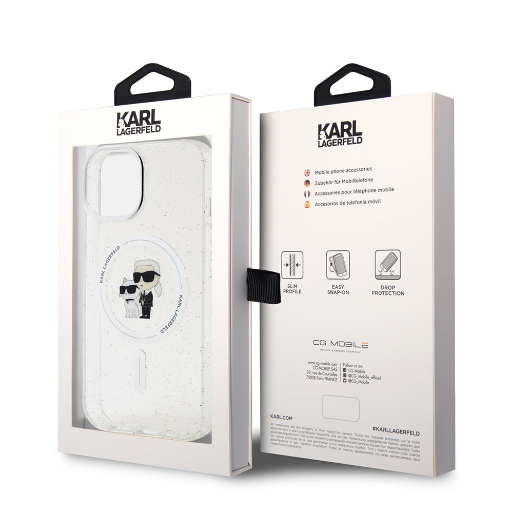 Custodia MagSafe per Apple iPhone 15, Karl Lagerfeld, Glitter, Trasparente