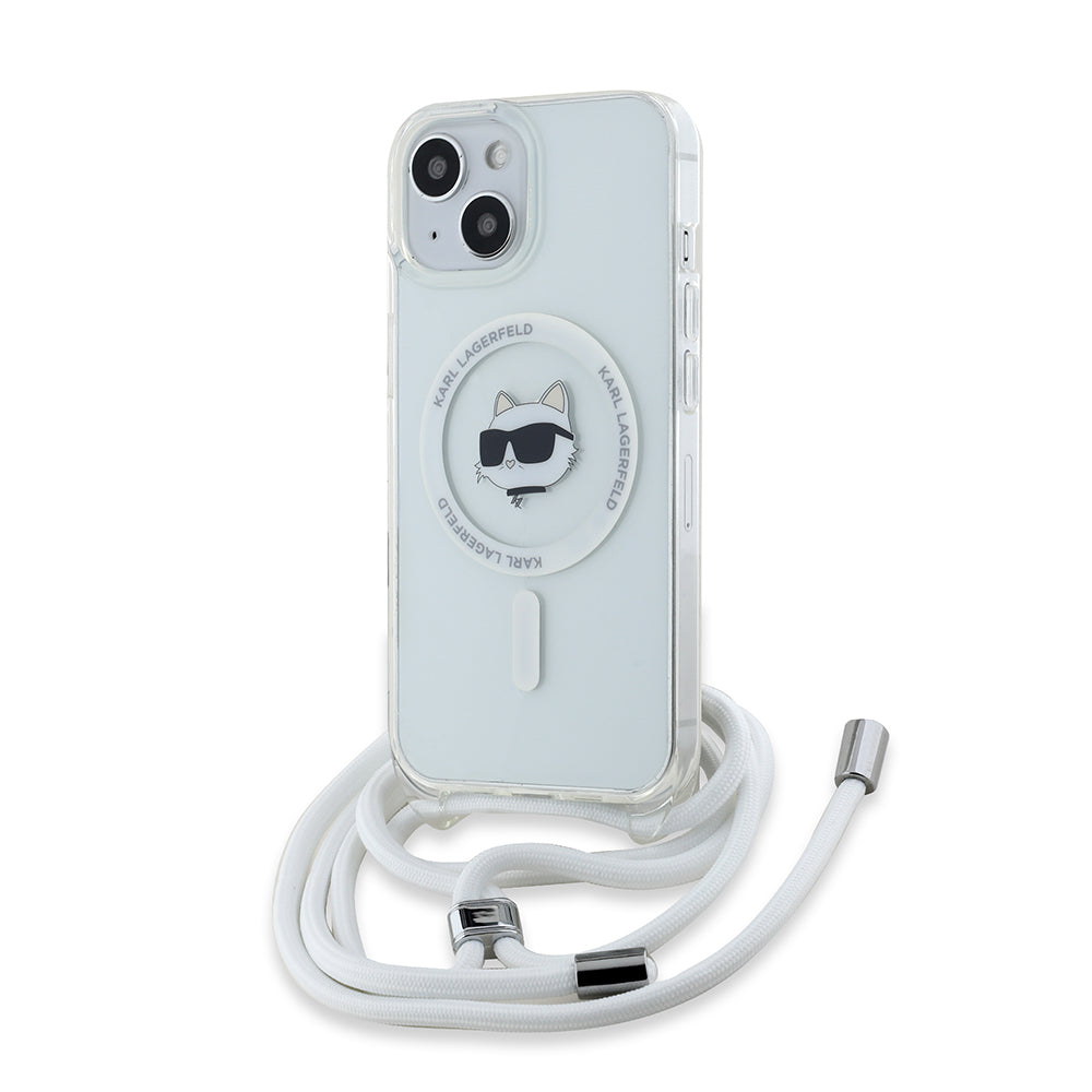 Custodia MagSafe per Apple iPhone 15, Karl Lagerfeld, IML Crossbody Choupette's Head con Tracolla, Trasparente