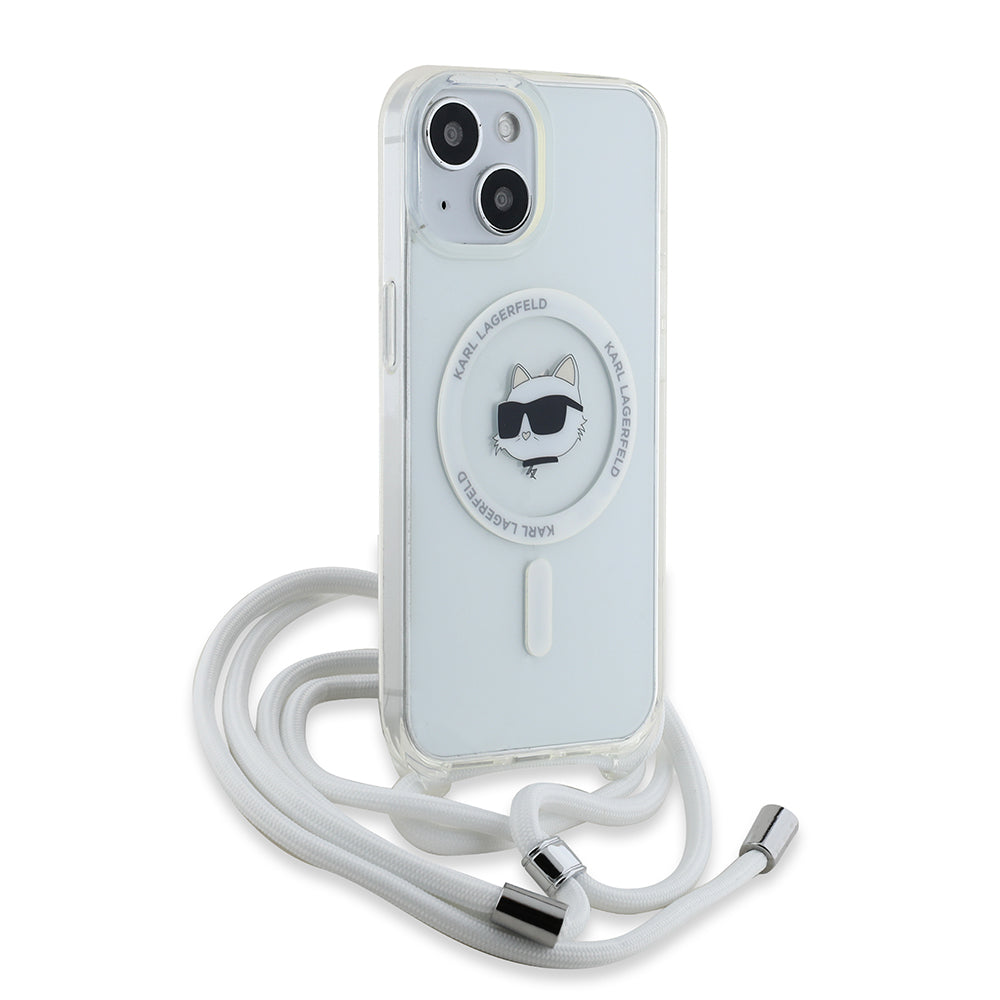 Custodia MagSafe per Apple iPhone 15, Karl Lagerfeld, IML Crossbody Choupette's Head con Tracolla, Trasparente