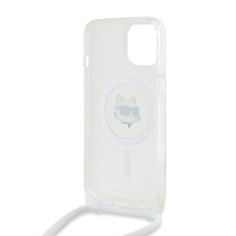 Custodia MagSafe per Apple iPhone 15, Karl Lagerfeld, IML Crossbody Choupette's Head con Tracolla, Trasparente