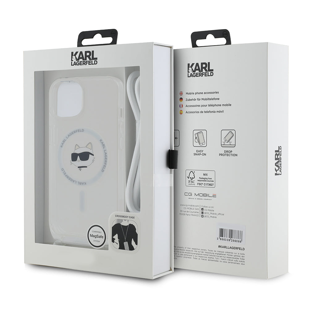 Custodia MagSafe per Apple iPhone 15, Karl Lagerfeld, IML Crossbody Choupette's Head con Tracolla, Trasparente