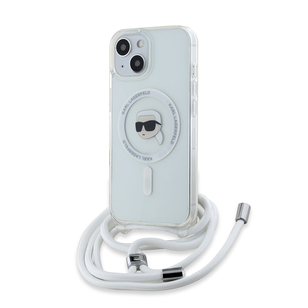Custodia MagSafe per Apple iPhone 15, Karl Lagerfeld, IML Crossbody Karl's Head, Trasparente