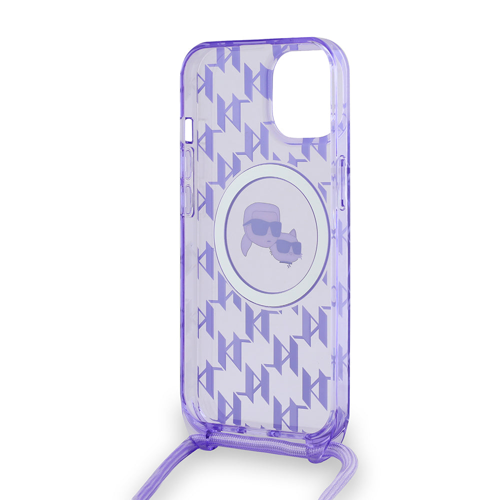 Custodia MagSafe per Apple iPhone 15, Karl Lagerfeld, IML Crossbody Monogramma Karl & Choupette's Heads, Viola