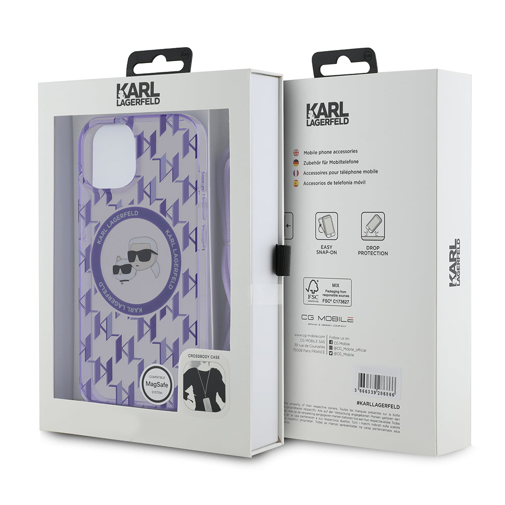 Custodia MagSafe per Apple iPhone 15, Karl Lagerfeld, IML Crossbody Monogramma Karl & Choupette's Heads, Viola