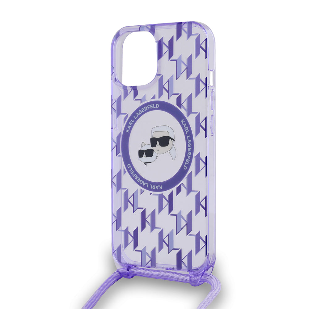 Custodia MagSafe per Apple iPhone 15, Karl Lagerfeld, IML Crossbody Monogramma Karl & Choupette's Heads, Viola