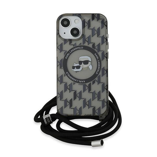 Étui MagSafe pour Apple iPhone 15, Karl Lagerfeld, IML Crossbody Monogramme Karl & Choupette's Heads, Noir