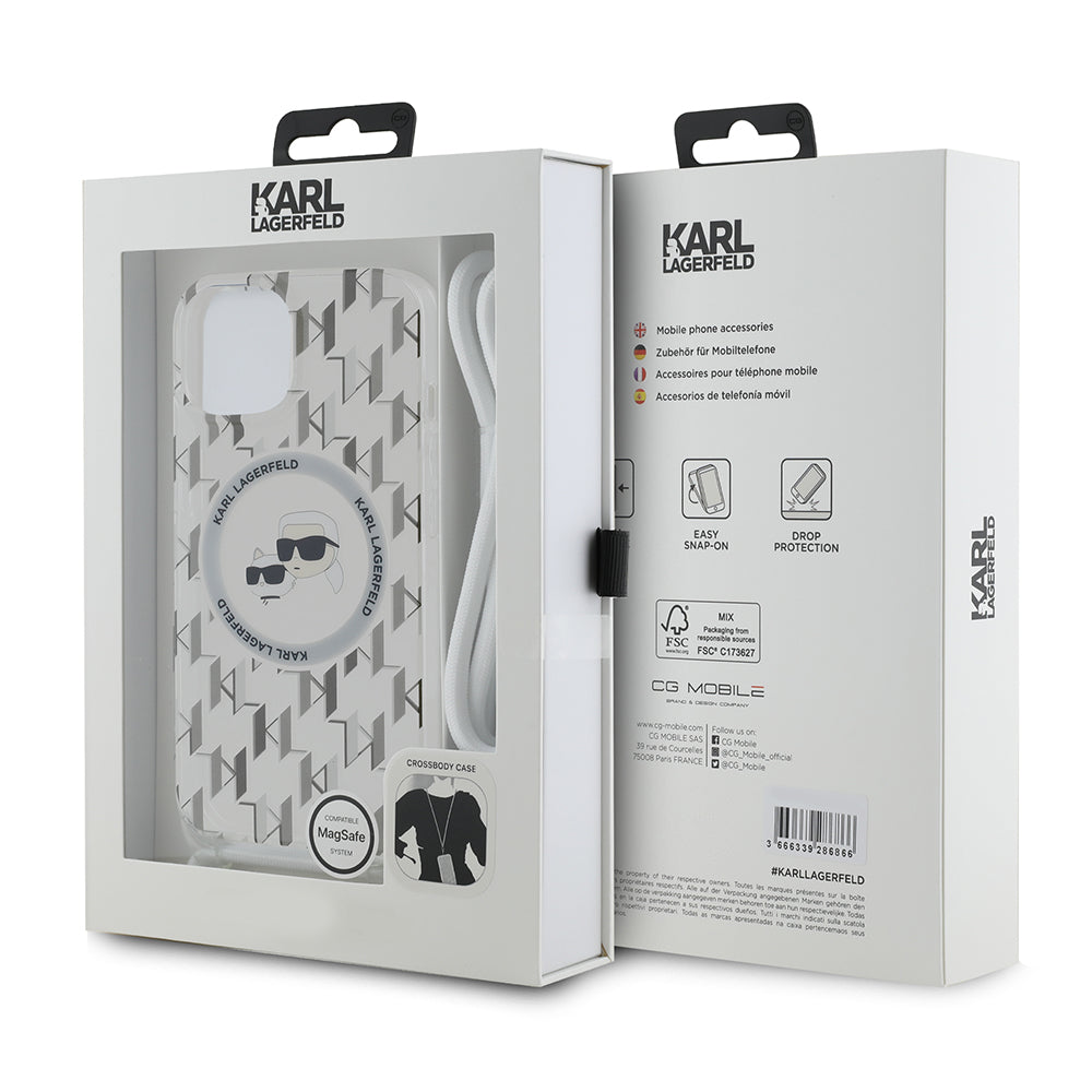 MagSafe Case for Apple iPhone 15, Karl Lagerfeld, IML Crossbody Monogram Karl & Choupette's Heads, Transparent