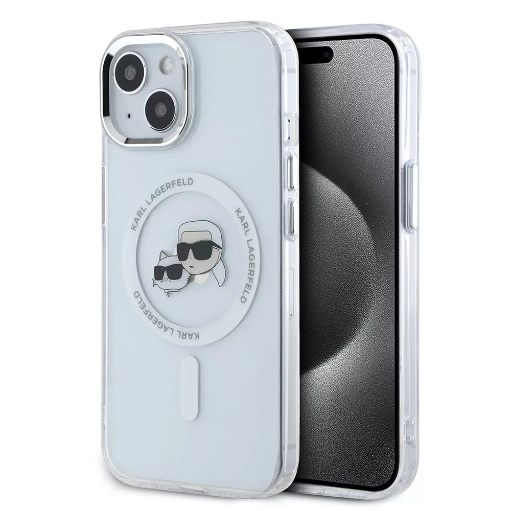 Custodia MagSafe per Apple iPhone 15, Karl Lagerfeld, IML Metal Karl & Choupette's Heads, Bianca