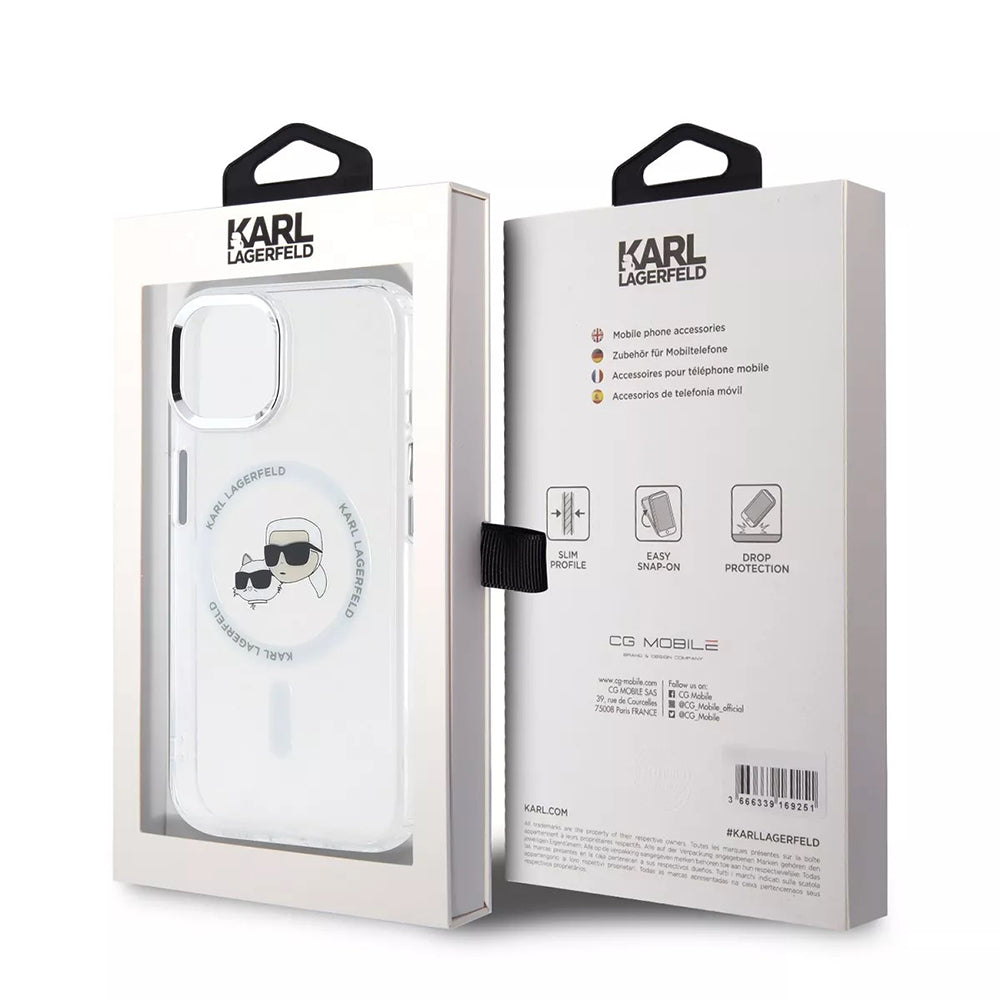 Custodia MagSafe per Apple iPhone 15, Karl Lagerfeld, IML Metal Karl & Choupette's Heads, Bianca
