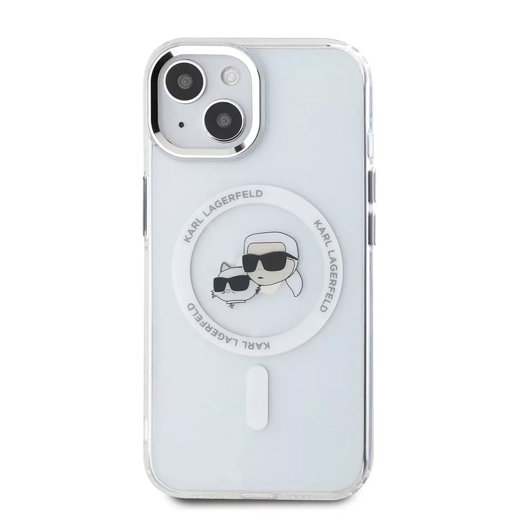 Custodia MagSafe per Apple iPhone 15, Karl Lagerfeld, IML Metal Karl & Choupette's Heads, Bianca