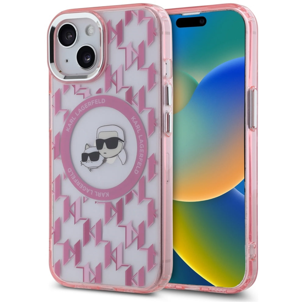 MagSafe Hülle für Apple iPhone 15, Karl Lagerfeld, IML Monogramm Karl & Choupette's Köpfe, Rosa