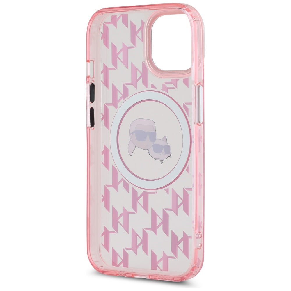MagSafe Hülle für Apple iPhone 15, Karl Lagerfeld, IML Monogramm Karl & Choupette's Köpfe, Rosa