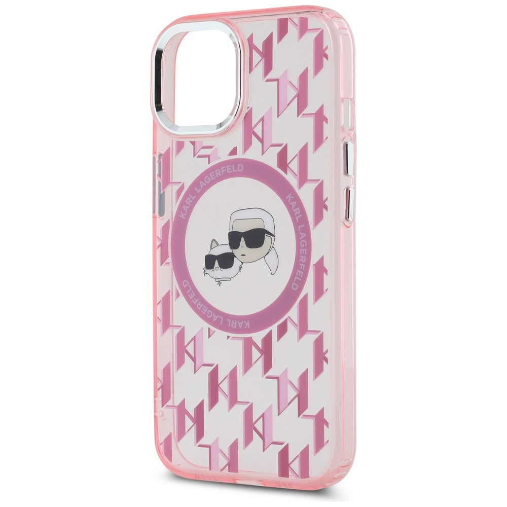 MagSafe Hülle für Apple iPhone 15, Karl Lagerfeld, IML Monogramm Karl & Choupette's Köpfe, Rosa
