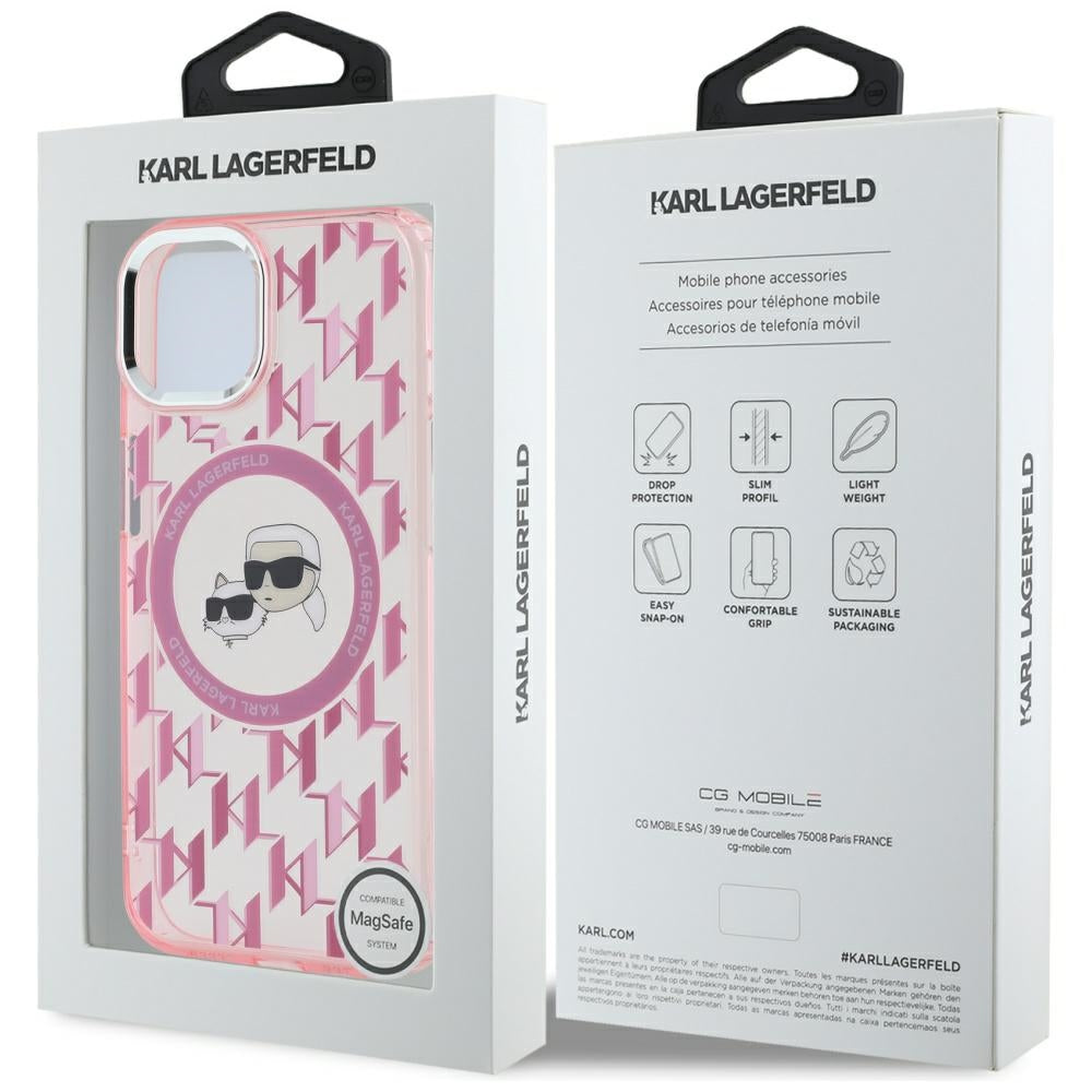 MagSafe Hülle für Apple iPhone 15, Karl Lagerfeld, IML Monogramm Karl & Choupette's Köpfe, Rosa