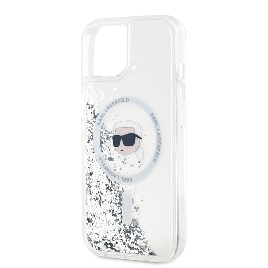 Étui MagSafe pour Apple iPhone 15, Karl Lagerfeld, Liquid Glitter Karl's Head, Transparent