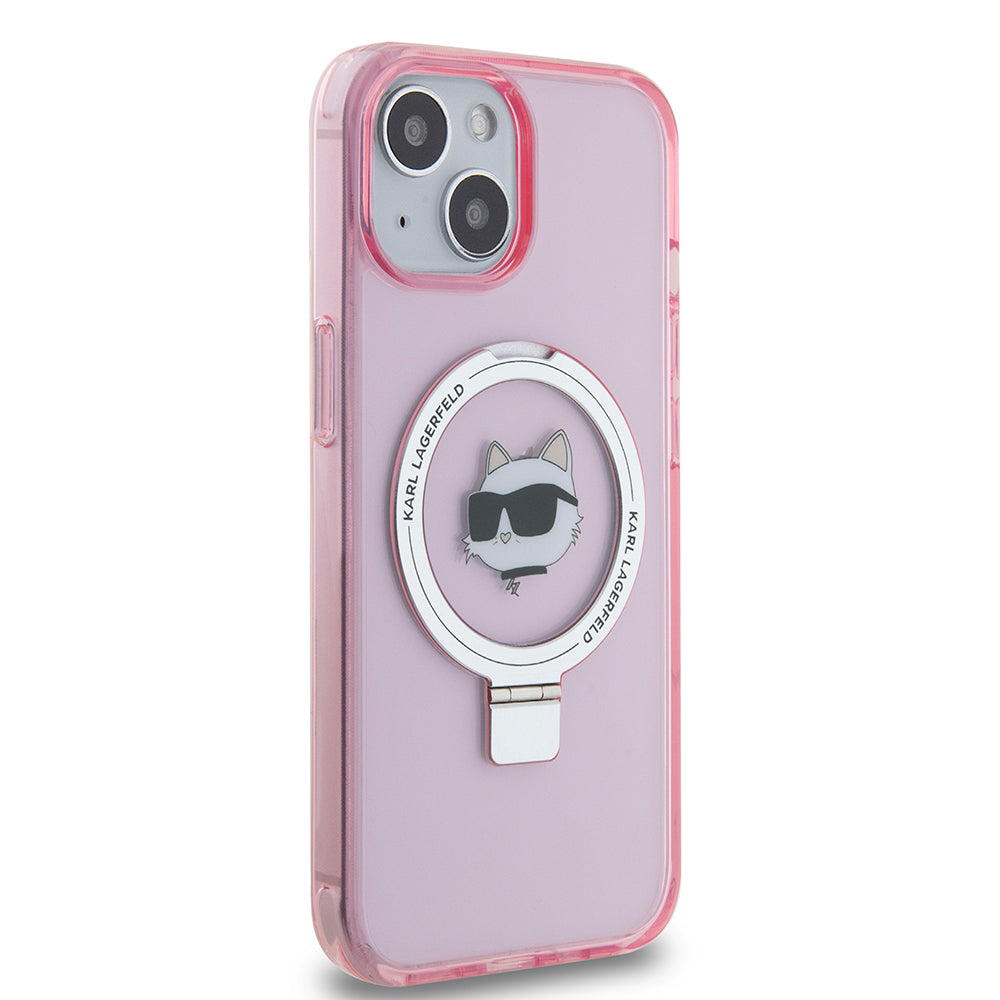Custodia MagSafe per Apple iPhone 15, Karl Lagerfeld, Ring Stand Choupette's Head, Rosa