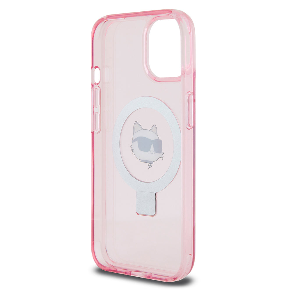 Custodia MagSafe per Apple iPhone 15, Karl Lagerfeld, Ring Stand Choupette's Head, Rosa