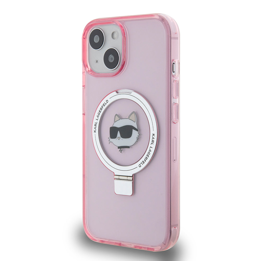 Custodia MagSafe per Apple iPhone 15, Karl Lagerfeld, Ring Stand Choupette's Head, Rosa