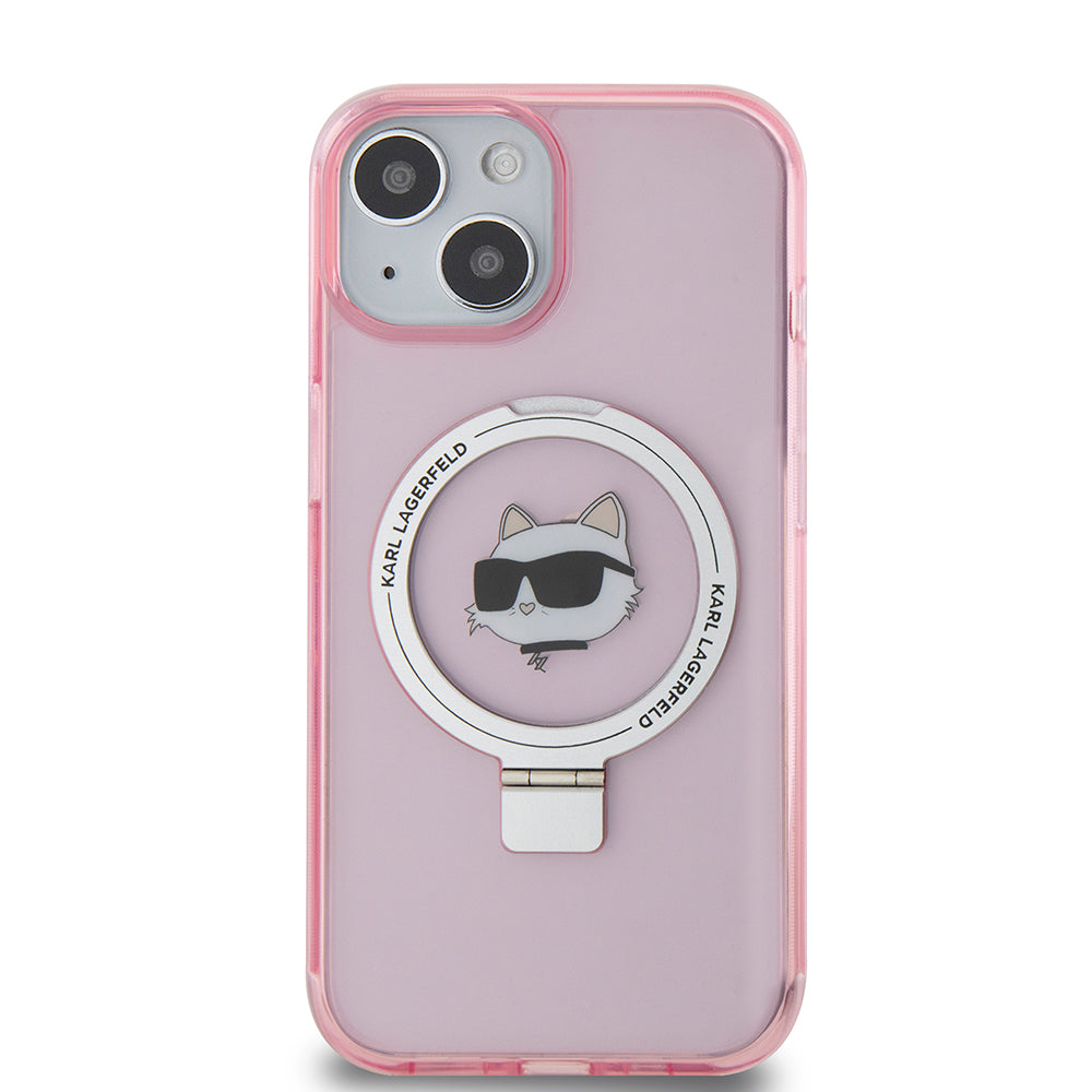 Custodia MagSafe per Apple iPhone 15, Karl Lagerfeld, Ring Stand Choupette's Head, Rosa