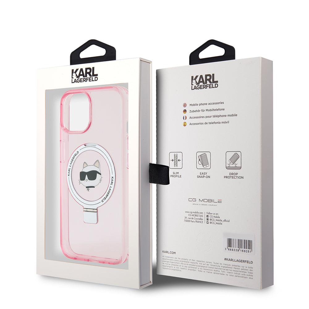Custodia MagSafe per Apple iPhone 15, Karl Lagerfeld, Ring Stand Choupette's Head, Rosa