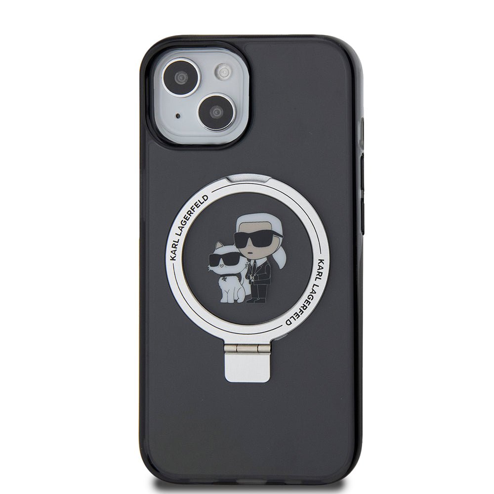 Custodia MagSafe per Apple iPhone 15, Karl Lagerfeld, Ring Stand Karl & Choupette, Nera