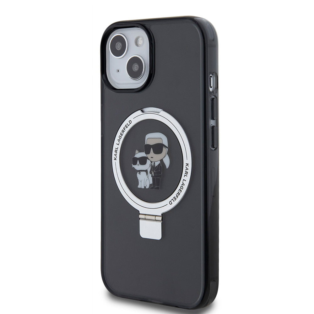 Custodia MagSafe per Apple iPhone 15, Karl Lagerfeld, Ring Stand Karl & Choupette, Nera