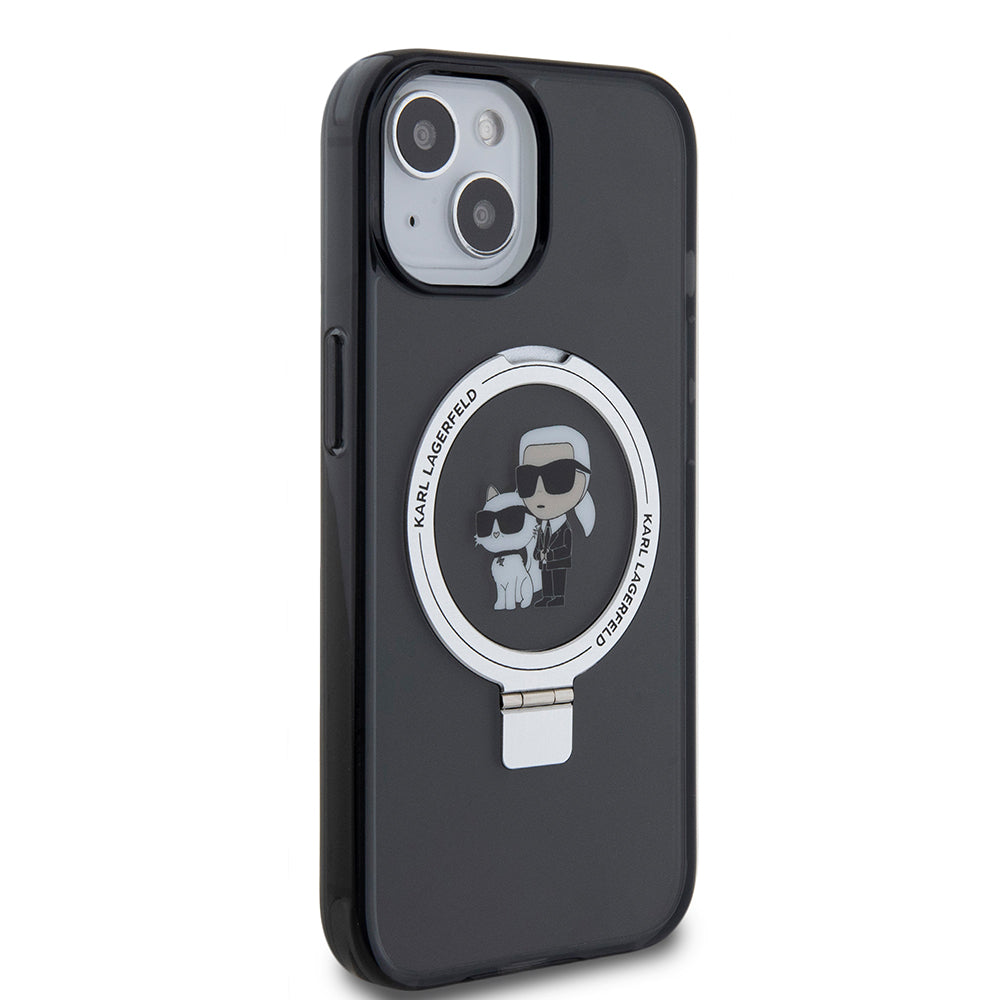 Custodia MagSafe per Apple iPhone 15, Karl Lagerfeld, Ring Stand Karl & Choupette, Nera